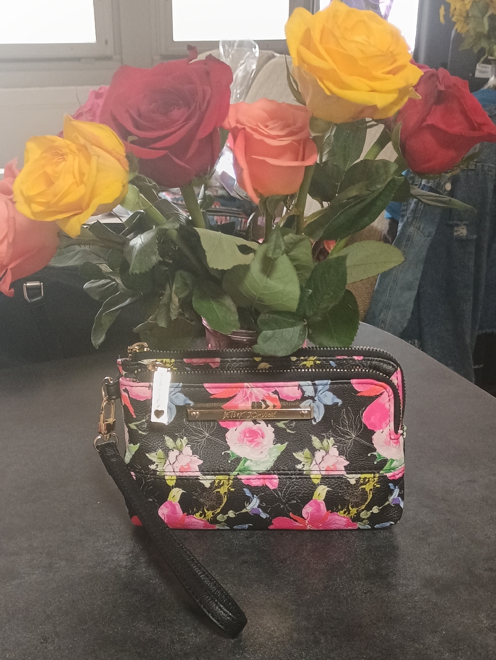 Betsey Johnson Floral Black Multi Zip Wristlet Clutch